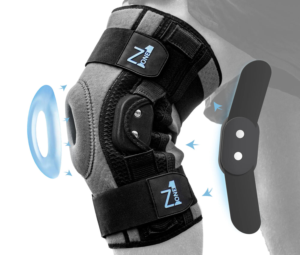 Gray knee brace on the left knee - Z1 Knee Brace
